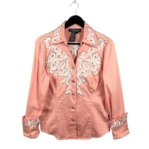 VINTAGE Silver Mesa Studded Embroidered Women's V-Neck Long Sleeve Shirt Sz‎ L